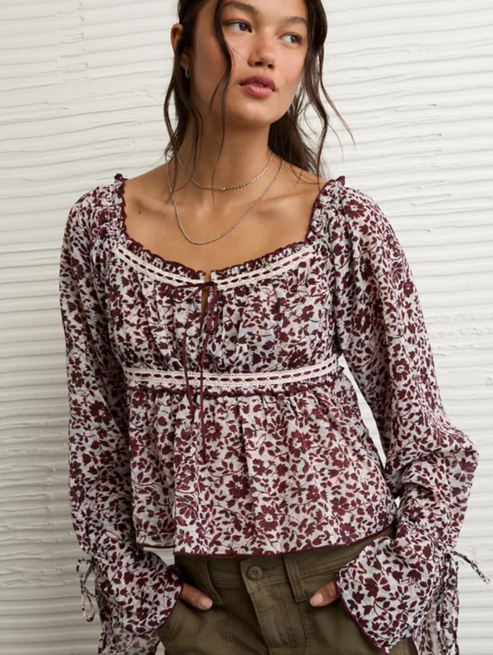 American Eagle Chiffon Ruched Tie Lace Blouse Top Large